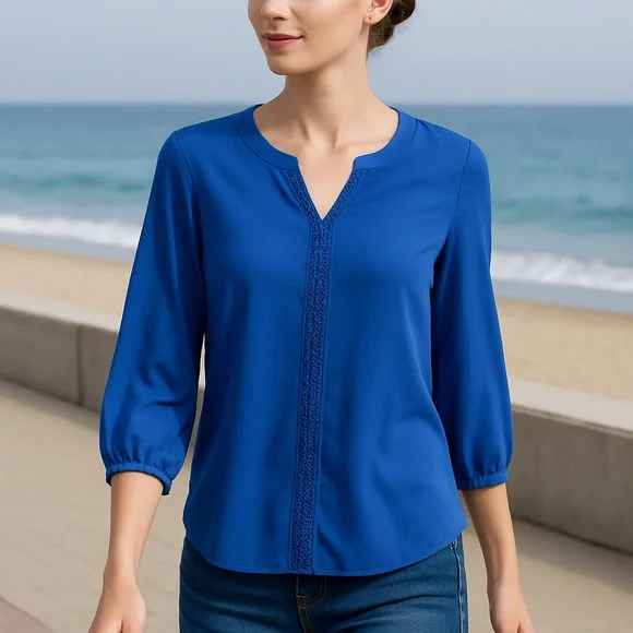 Dana Buchman Blue Blouse Crochet Trim 3/4 Sleeve XL New With Tags (flawed) - Picture 3 of 15